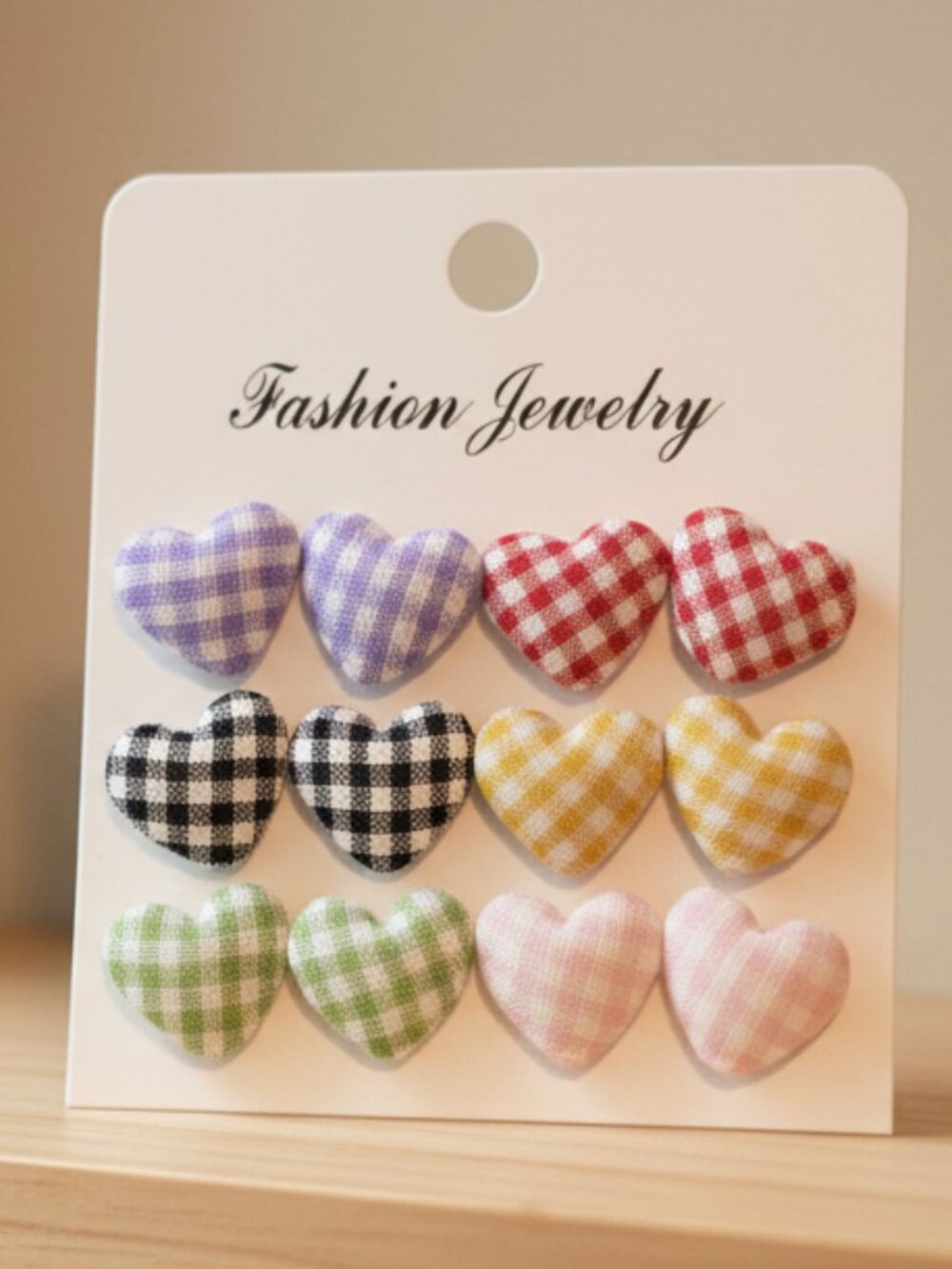 6 Pair Gingham Heart Fabric Covered Stud Earrings Set